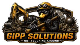 Gipp Solutions demolition company logo with excavator, wrecking ball, and duck with a sledgehammer.