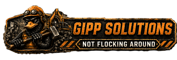 Gipp Solutions demolition company logo with excavator, wrecking ball, and duck with a sledgehammer. Wide orientation for mobile devices.
